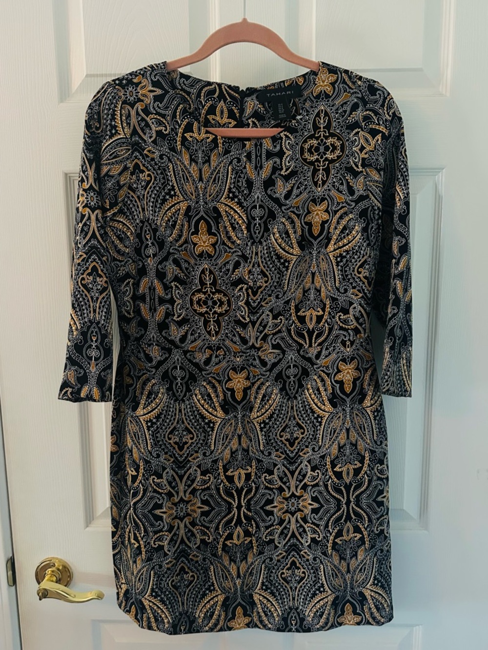 Tahari Black and Gold Paisley Print Dress